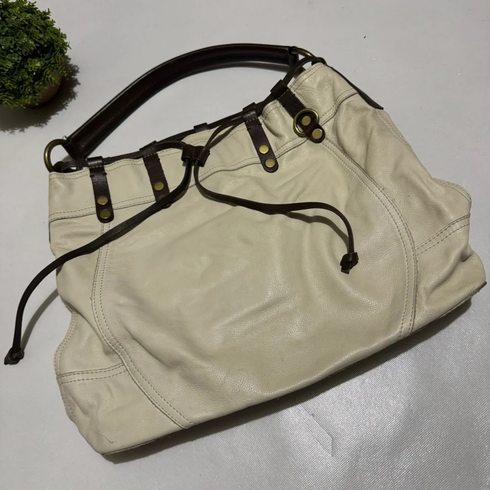 Lucky Brand‎ Cream Brown Leather Large Slouch Shoulder Bag Tote Western Boho